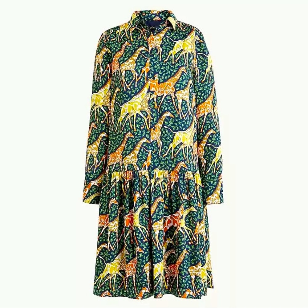 J. Crew Multicolor Giraffe-Print Long-Sleeve Tiered Dress